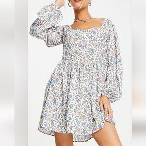 Daisy Street Asos Pink Floral Vintage French Style Corset Mini Dress Long Sleeve